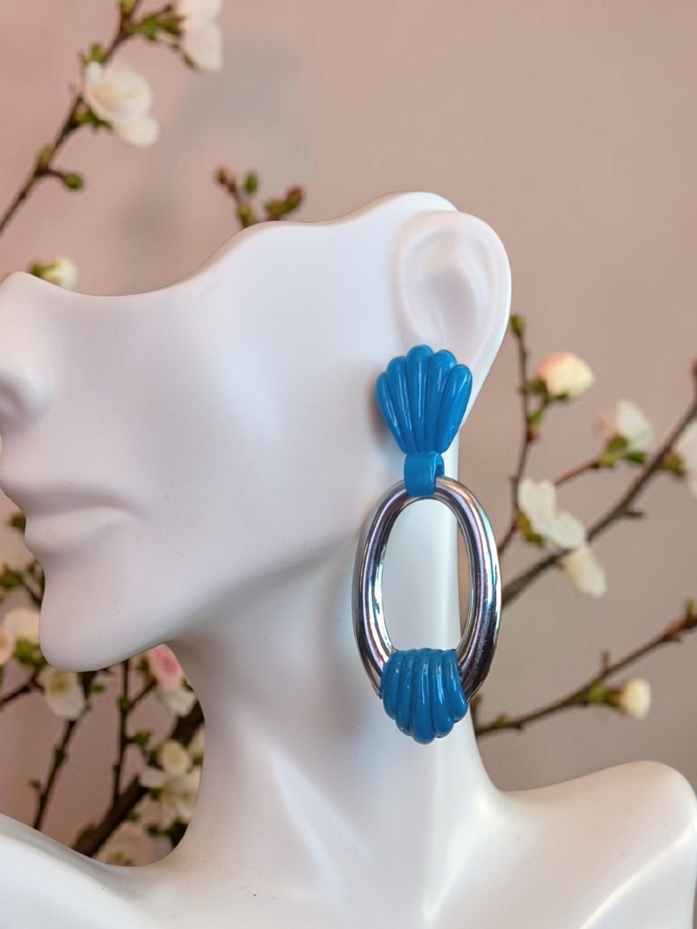 Blue Resin & Silvertone Hoop Statement Earrings